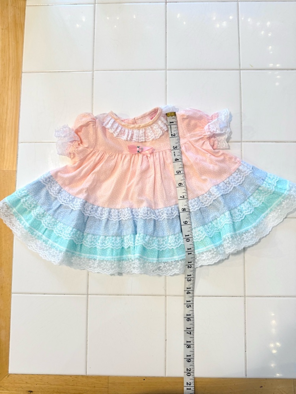 Vintage Baby Girl 6-9m Dress &Bloomer Set Roanna Pink Blue Ditzy Floral Lace 80s - Picture 13 of 14